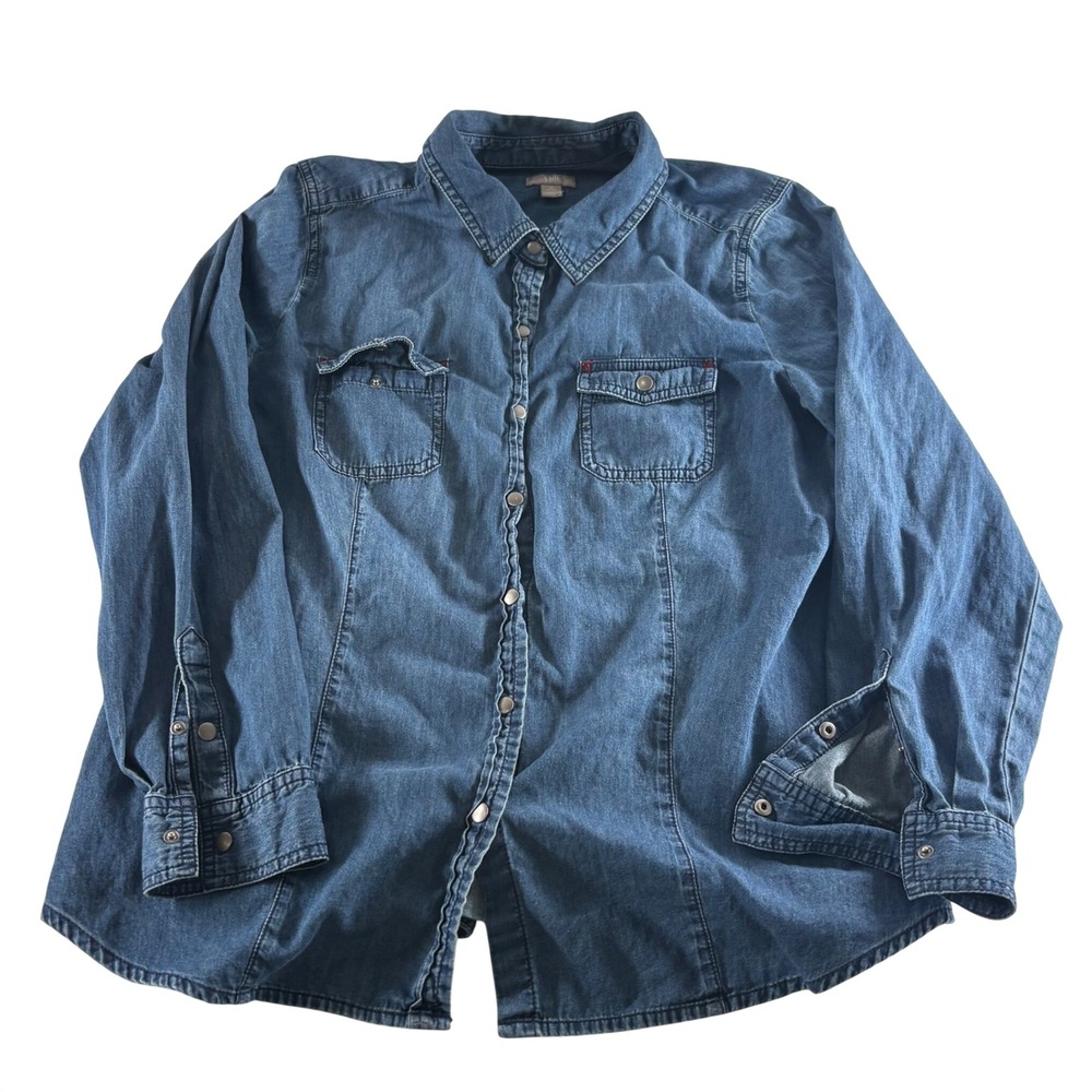 J. Jill Womens Medium Petite Denim Button Down Shirt Blue Cotton Snap Front 0686